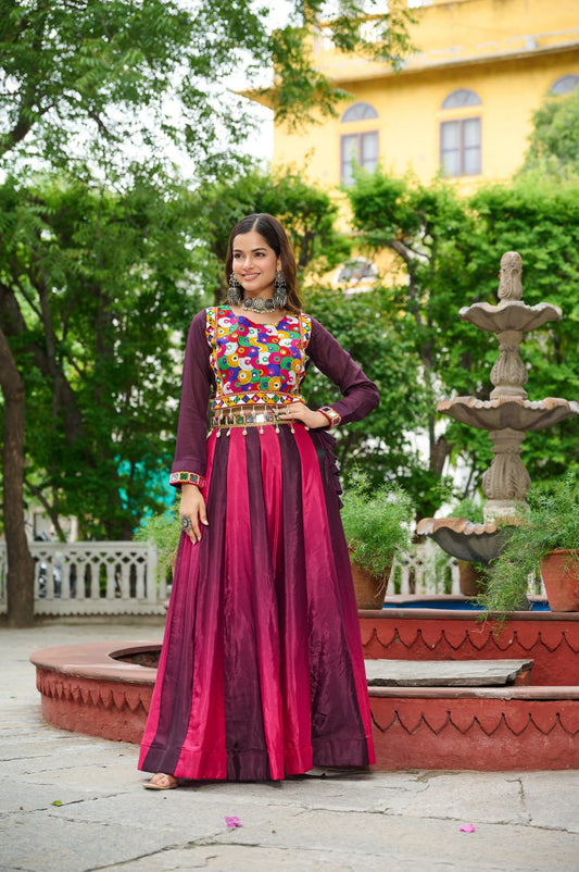 Dark Pink Multicolor Kutchi Gamthi Embroidered Work Navratri Lehenga Choli