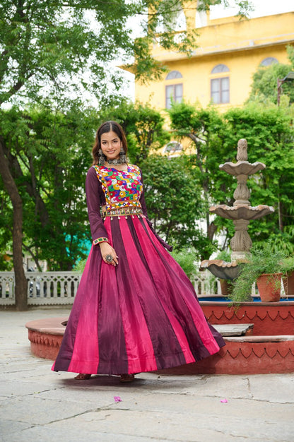 Dark Pink Multicolor Kutchi Gamthi Embroidered Work Navratri Lehenga Choli