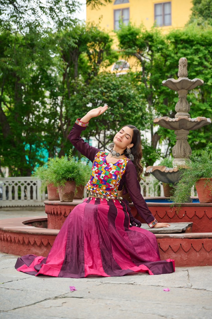 Dark Pink Multicolor Kutchi Gamthi Embroidered Work Navratri Lehenga Choli