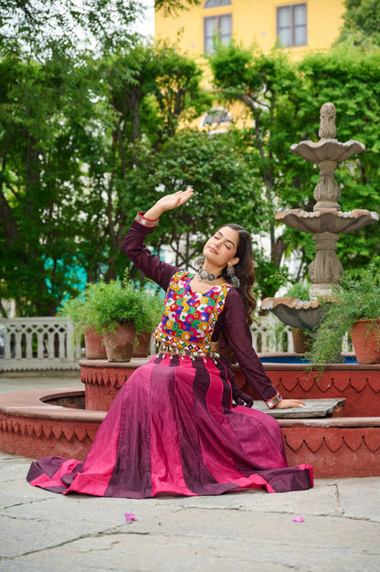 Dark Pink Multicolor Kutchi Gamthi Embroidered Work Navratri Lehenga Choli