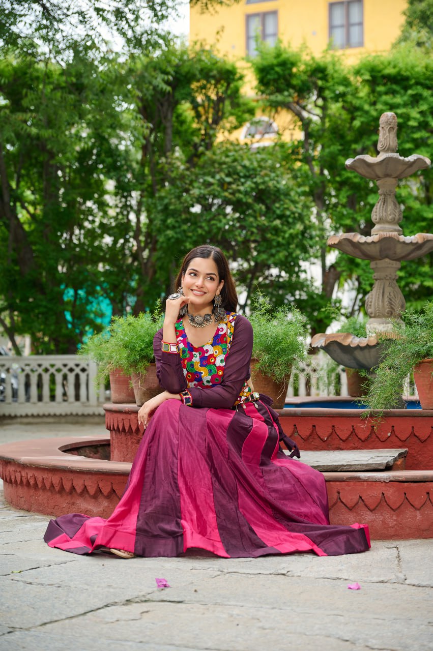 Dark Pink Multicolor Kutchi Gamthi Embroidered Work Navratri Lehenga Choli