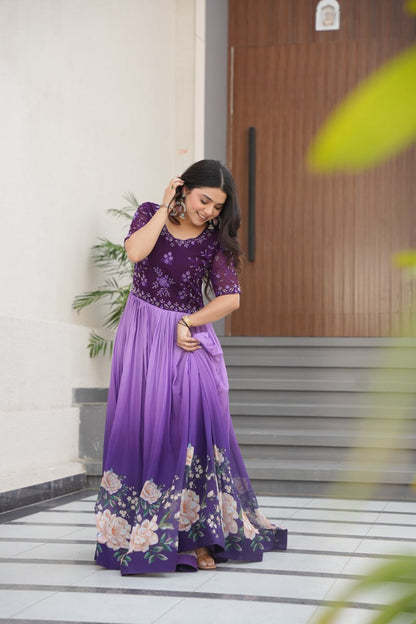 Lavender Faux Blooming With Beads Embroidered Work And Rich Floral Pedding Digital Print Gown