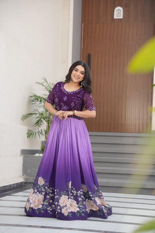 Lavender Faux Blooming With Beads Embroidered Work And Rich Floral Pedding Digital Print Gown