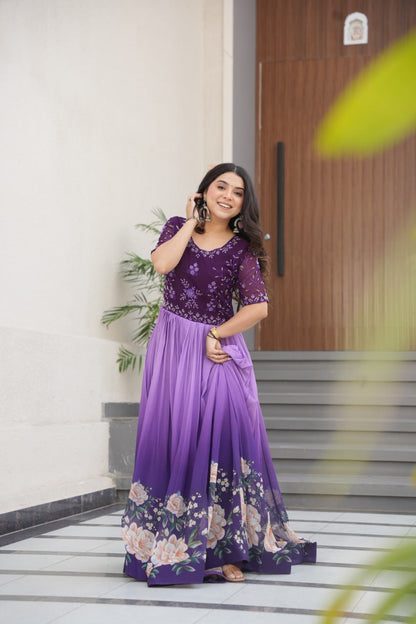 Lavender Faux Blooming With Beads Embroidered Work And Rich Floral Pedding Digital Print Gown