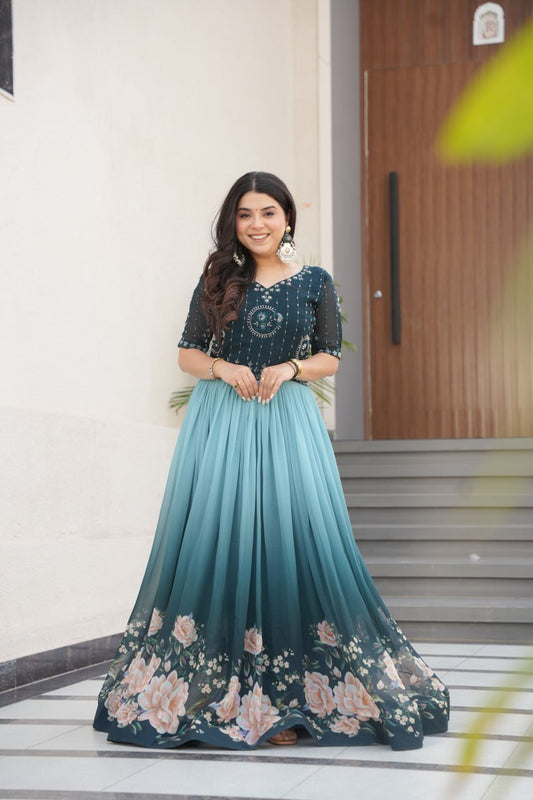 Rama Faux Blooming With Beads Embroidered Work And Rich Floral Pedding Digital Print Gown