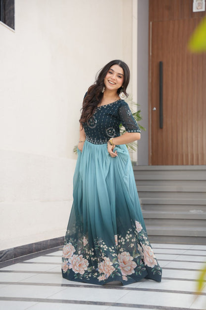 Rama Faux Blooming With Beads Embroidered Work And Rich Floral Pedding Digital Print Gown