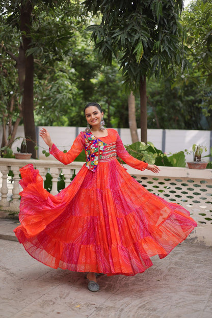 Orange Faux Georgette Laheriya Bandhej Print Navratri Gown
