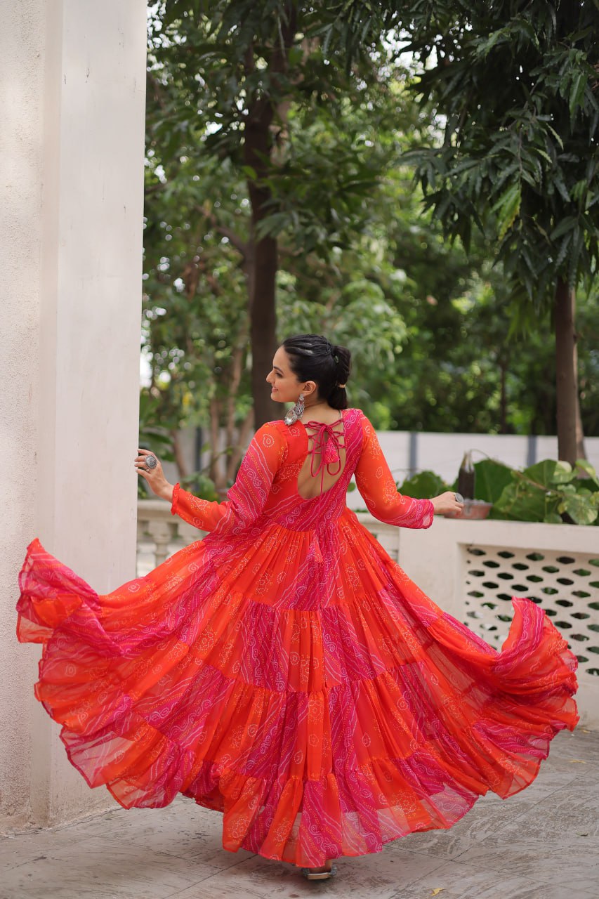 Orange Faux Georgette Laheriya Bandhej Print Navratri Gown
