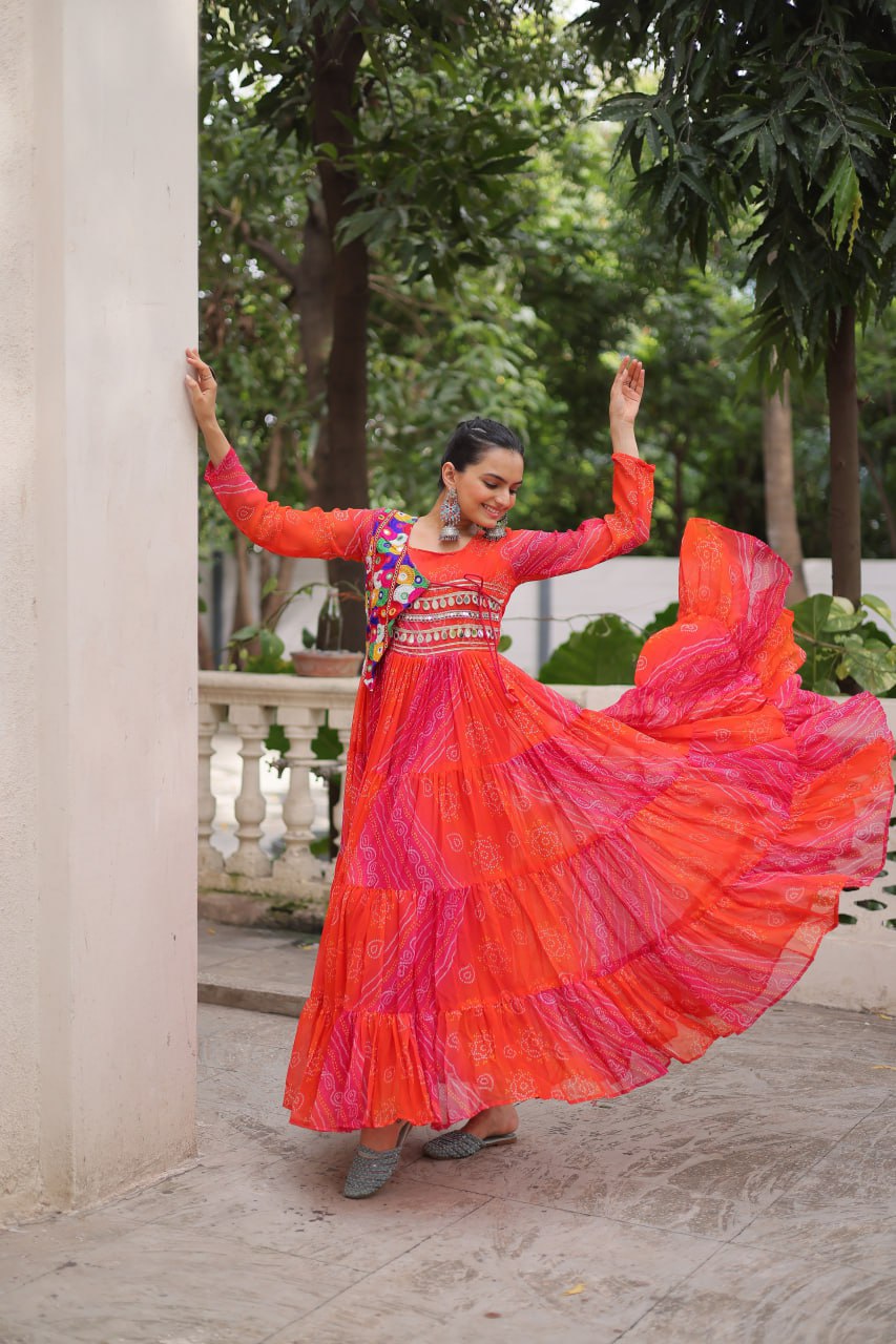 Orange Faux Georgette Laheriya Bandhej Print Navratri Gown