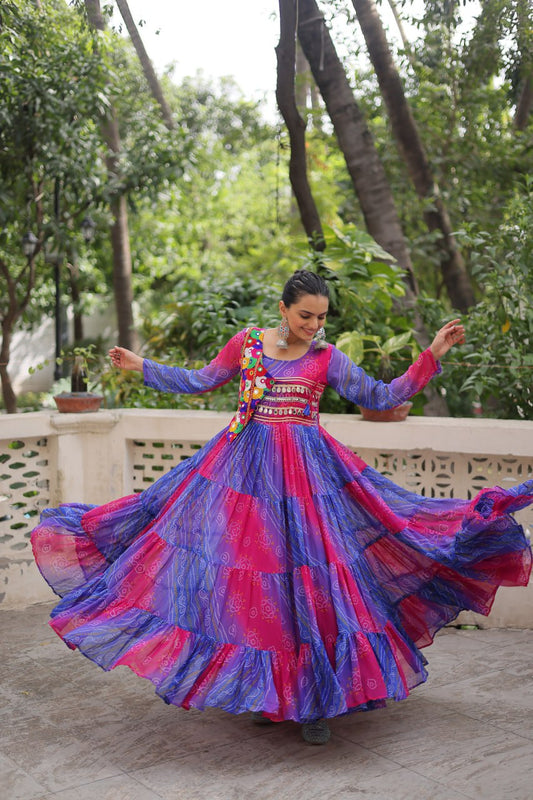 Purple Faux Georgette Laheriya Bandhej Print Navratri Gown