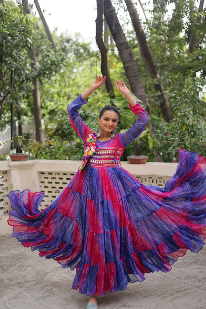 Purple Faux Georgette Laheriya Bandhej Print Navratri Gown