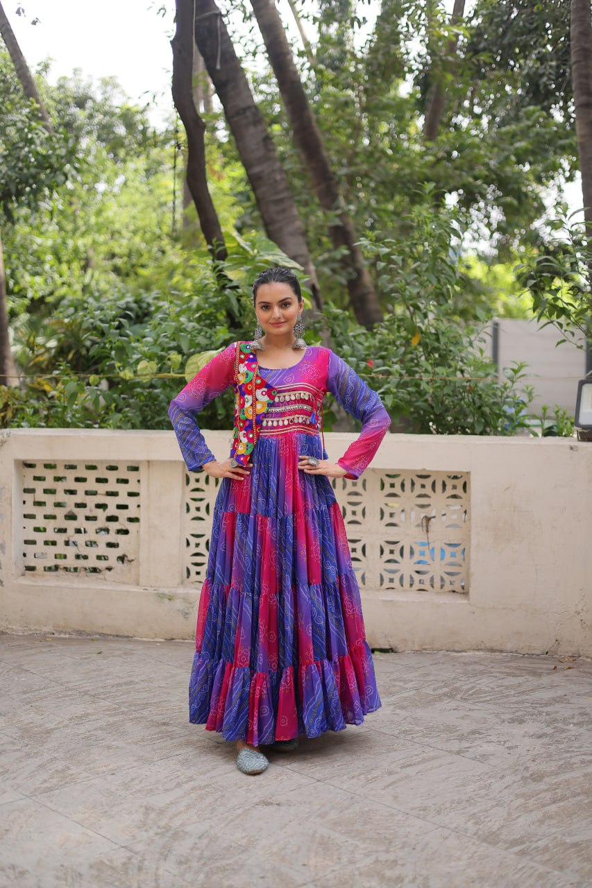 Purple Faux Georgette Laheriya Bandhej Print Navratri Gown