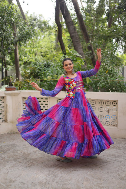 Purple Faux Georgette Laheriya Bandhej Print Navratri Gown