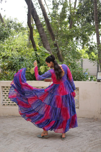 Purple Faux Georgette Laheriya Bandhej Print Navratri Gown