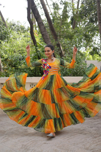 Green Faux Georgette Laheriya Bandhej Print Navratri Gown