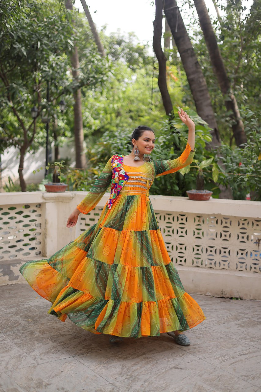 Green Faux Georgette Laheriya Bandhej Print Navratri Gown