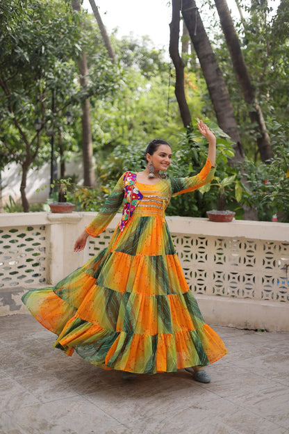 Green Faux Georgette Laheriya Bandhej Print Navratri Gown