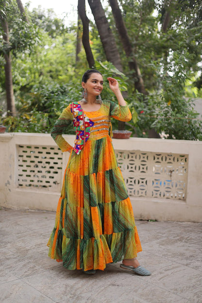 Green Faux Georgette Laheriya Bandhej Print Navratri Gown