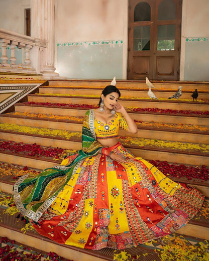 Yellow Multicolor Digital Print Real Mirror Work Navrati Lehenga