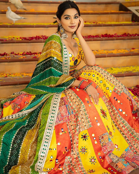 Yellow Multicolor Digital Print Real Mirror Work Navrati Lehenga