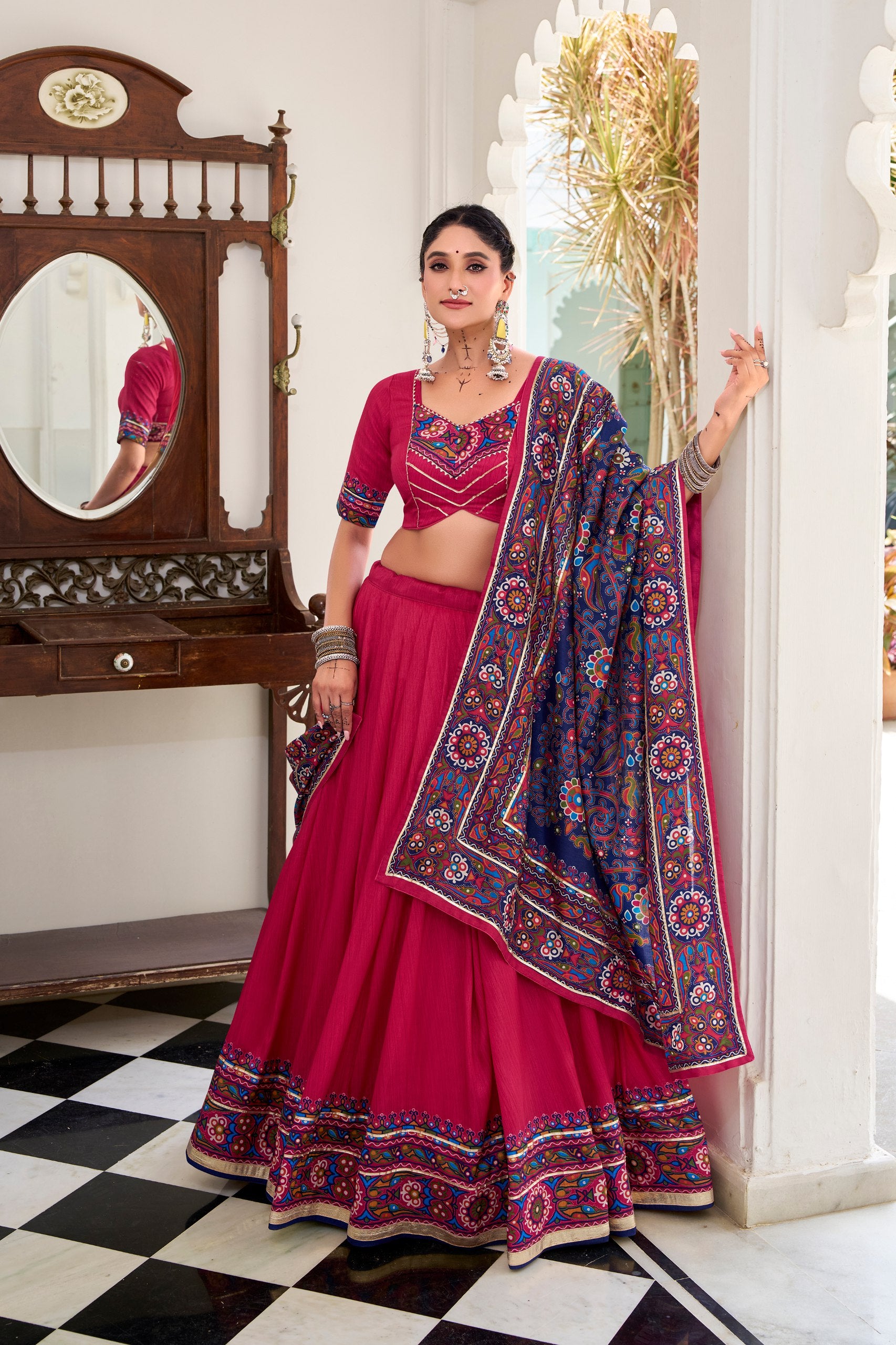 Pink Tasar Silk Gamthi Print With Embossed Design Work Navratri Lehenga Choli