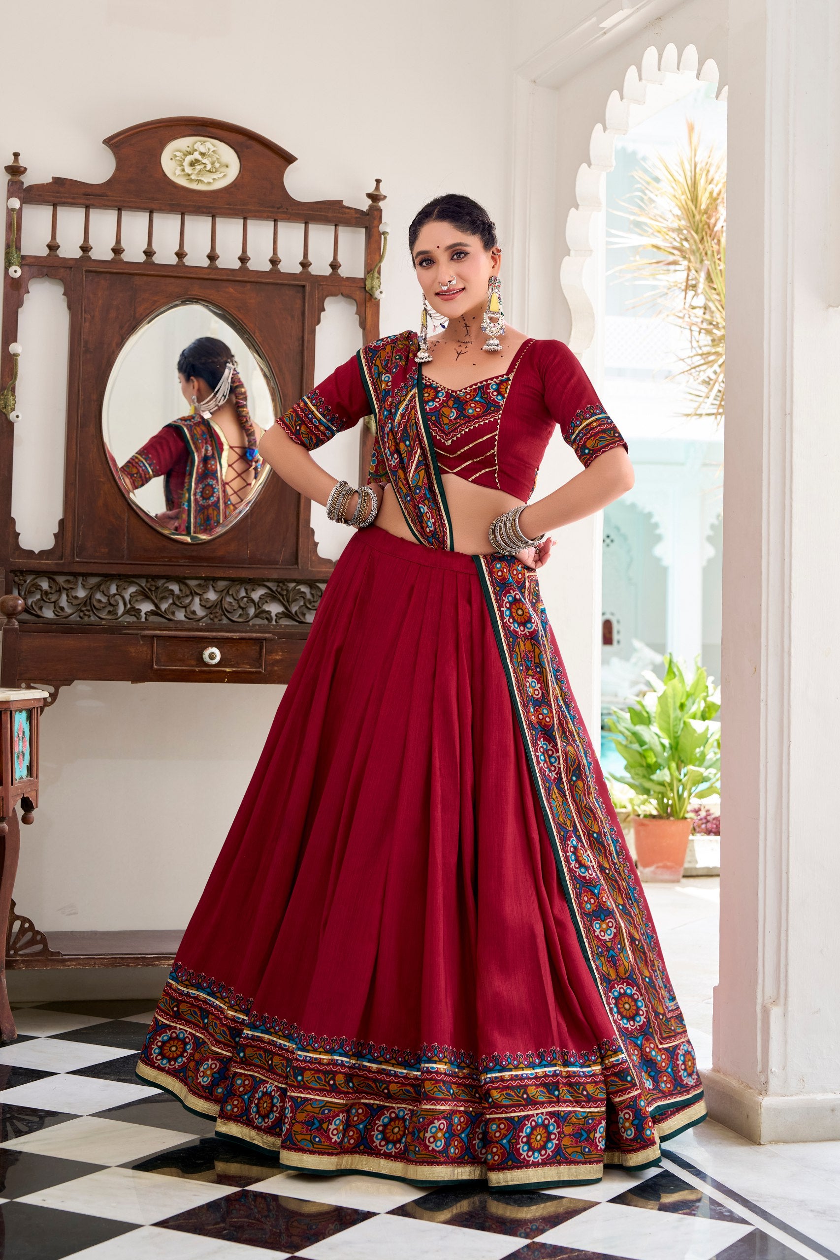 Red Tasar Silk Gamthi Print With Embossed Design Work Navratri Lehenga Choli