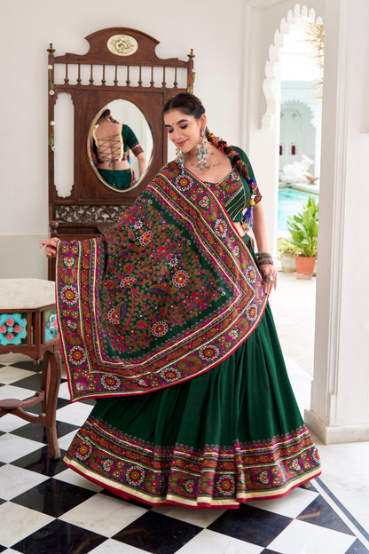 Green Tasar Silk Gamthi Print With Embossed Design Work Navratri Lehenga Choli