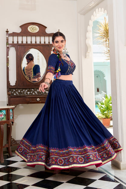Navy Blue Tasar Silk Gamthi Print With Embossed Design Work Navratri Lehenga Choli