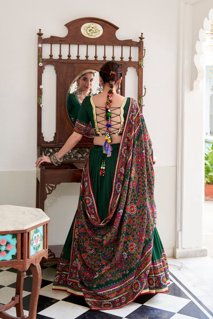 Green Tasar Silk Gamthi Print With Embossed Design Work Navratri Lehenga Choli