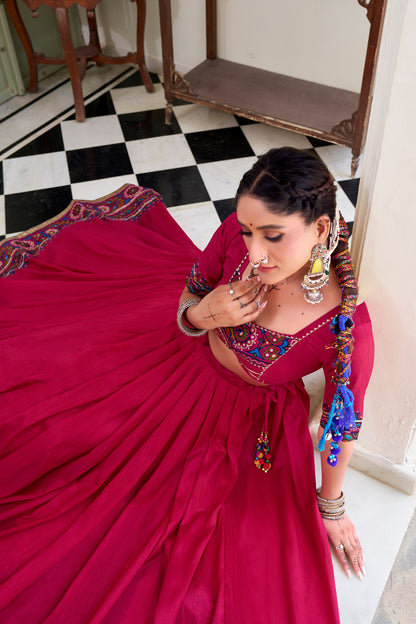 Pink Tasar Silk Gamthi Print With Embossed Design Work Navratri Lehenga Choli