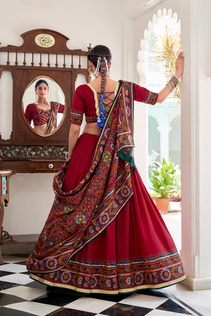 Red Tasar Silk Gamthi Print With Embossed Design Work Navratri Lehenga Choli