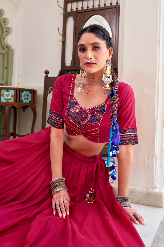 Pink Tasar Silk Gamthi Print With Embossed Design Work Navratri Lehenga Choli