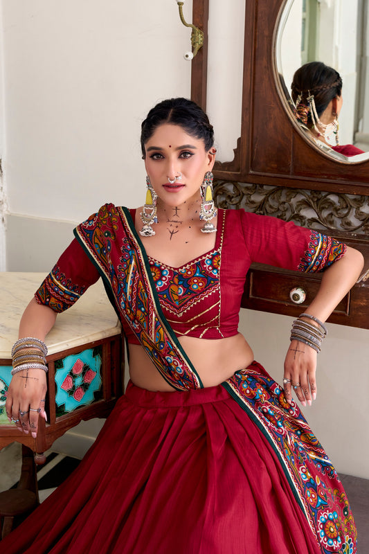 Red Tasar Silk Gamthi Print With Embossed Design Work Navratri Lehenga Choli