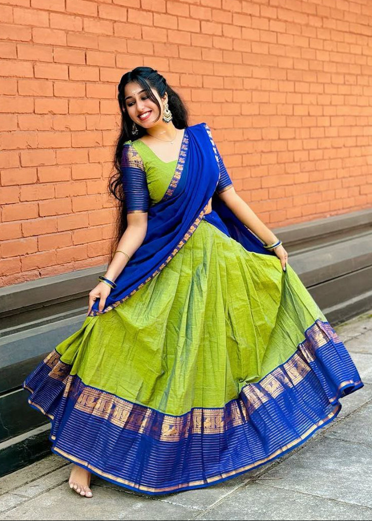 Parrot Green Kanjivaram Silk Half Saree with Royal Blue Dupatta and Gold Zari Weaving Work by The Beauty Queen Surat