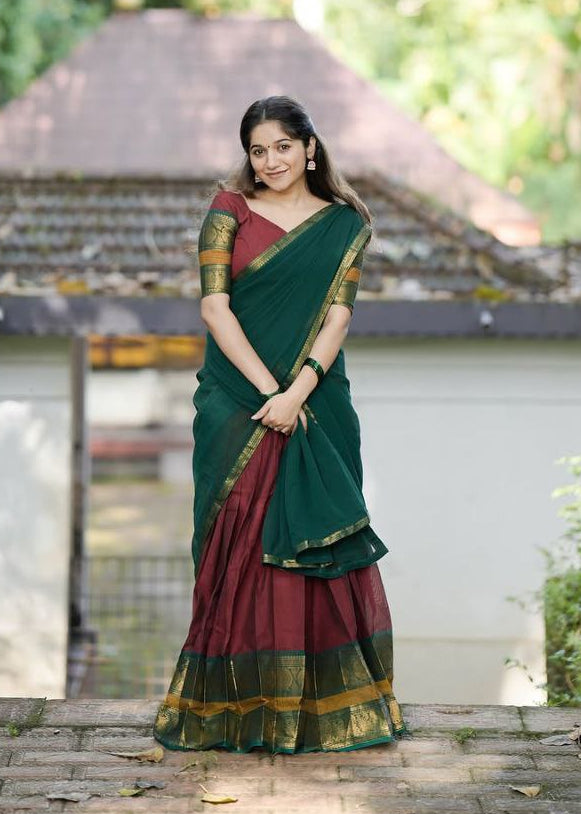 Maroon Kanjivaram Silk Half Saree with Bottle Green Dupatta and Gold Zari Weaving Work by The Beauty Queen Surat