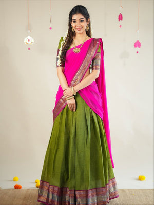 Olive Green Kanjivaram Silk Half Saree with Rani Pink Dupatta and Gold Zari Weaving Work by The Beauty Queen Surat