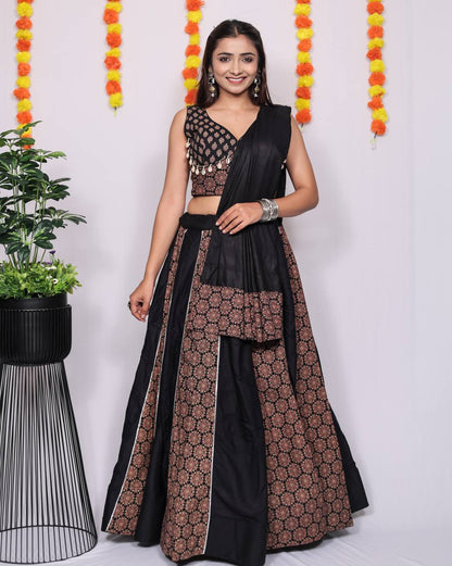 Black Pure Reyon Cotton Beautiful Ajarakh Printed Kali Work Navratri Lehenga Choli