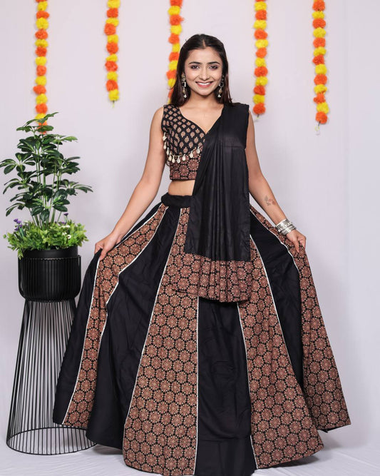 Black Pure Reyon Cotton Beautiful Ajarakh Printed Kali Work Navratri Lehenga Choli