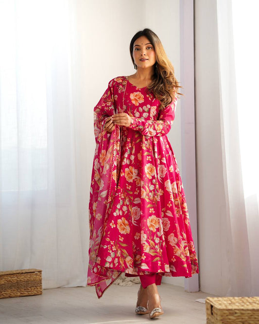 Pink Pure Soft Organja Silk Fabric Fully Flair Kali Pattern And Canvas Patta Salwar Suit