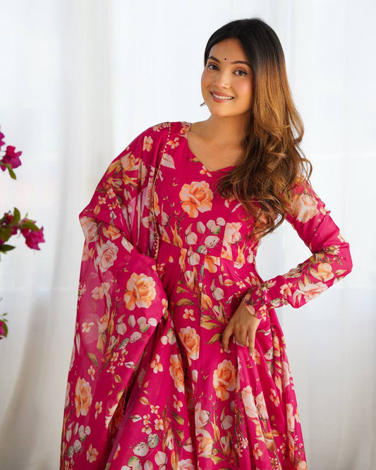 Pink Pure Soft Organja Silk Fabric Fully Flair Kali Pattern And Canvas Patta Salwar Suit