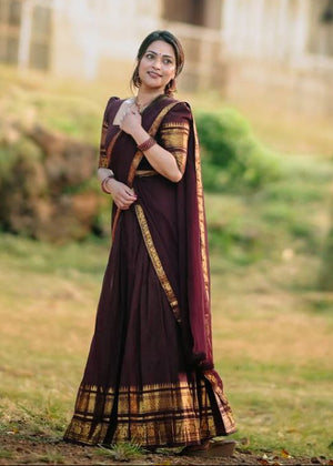 Deep Maroon Kanjivaram Silk Half Saree with Traditional Gold Zari Weaving Work by The Beauty Queen Surat