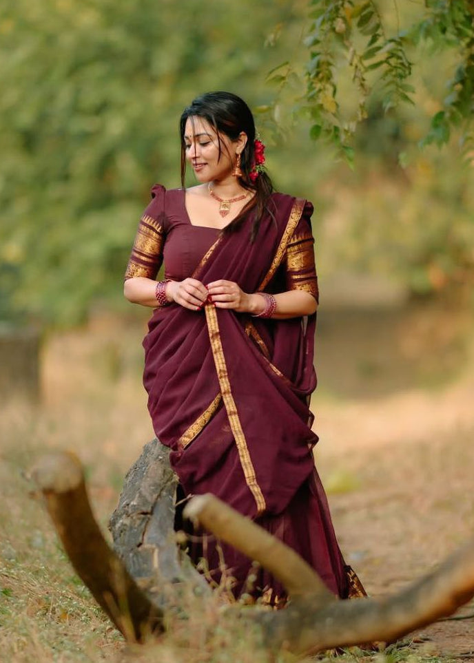 Deep Maroon Kanjivaram Silk Half Saree – Traditional Gold Zari Weaving Langa Voni Set
