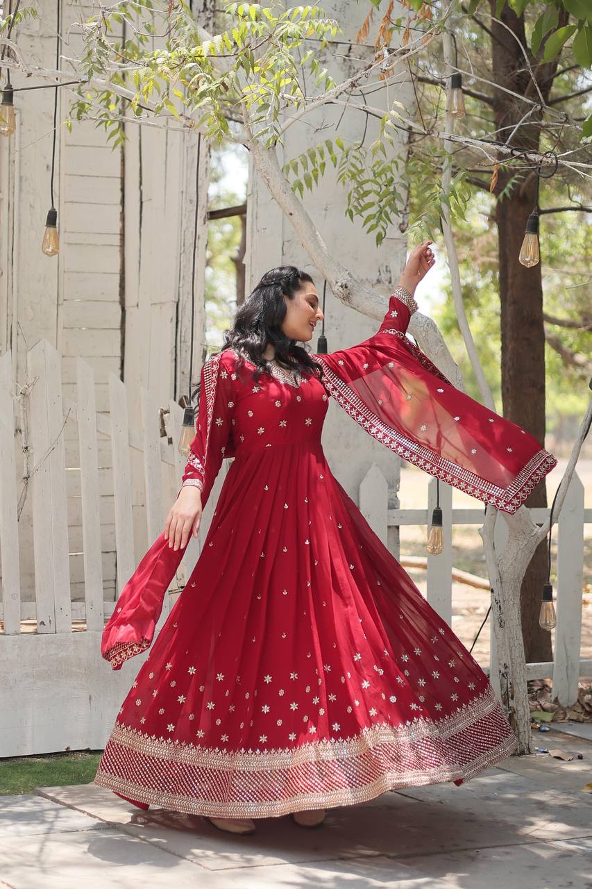 Maroon V Neck Faux Blooming Gown With Rich Sequins Embroidered Work Gown