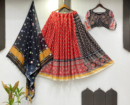 Maroon Multicolor Printed Reyon Real Mirror Work Stitched Navratri Lehenga Choli