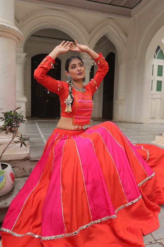 Orange Attractive Combination Of Mirror Lace Embellished Work Navratri Lehenga Choli