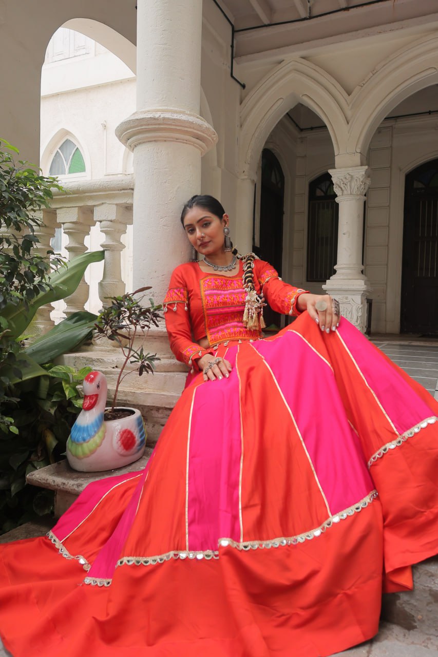 Orange Attractive Combination Of Mirror Lace Embellished Work Navratri Lehenga Choli