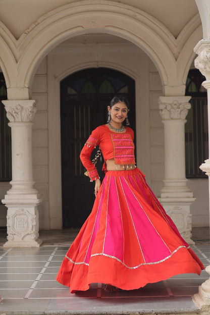 Orange Attractive Combination Of Mirror Lace Embellished Work Navratri Lehenga Choli