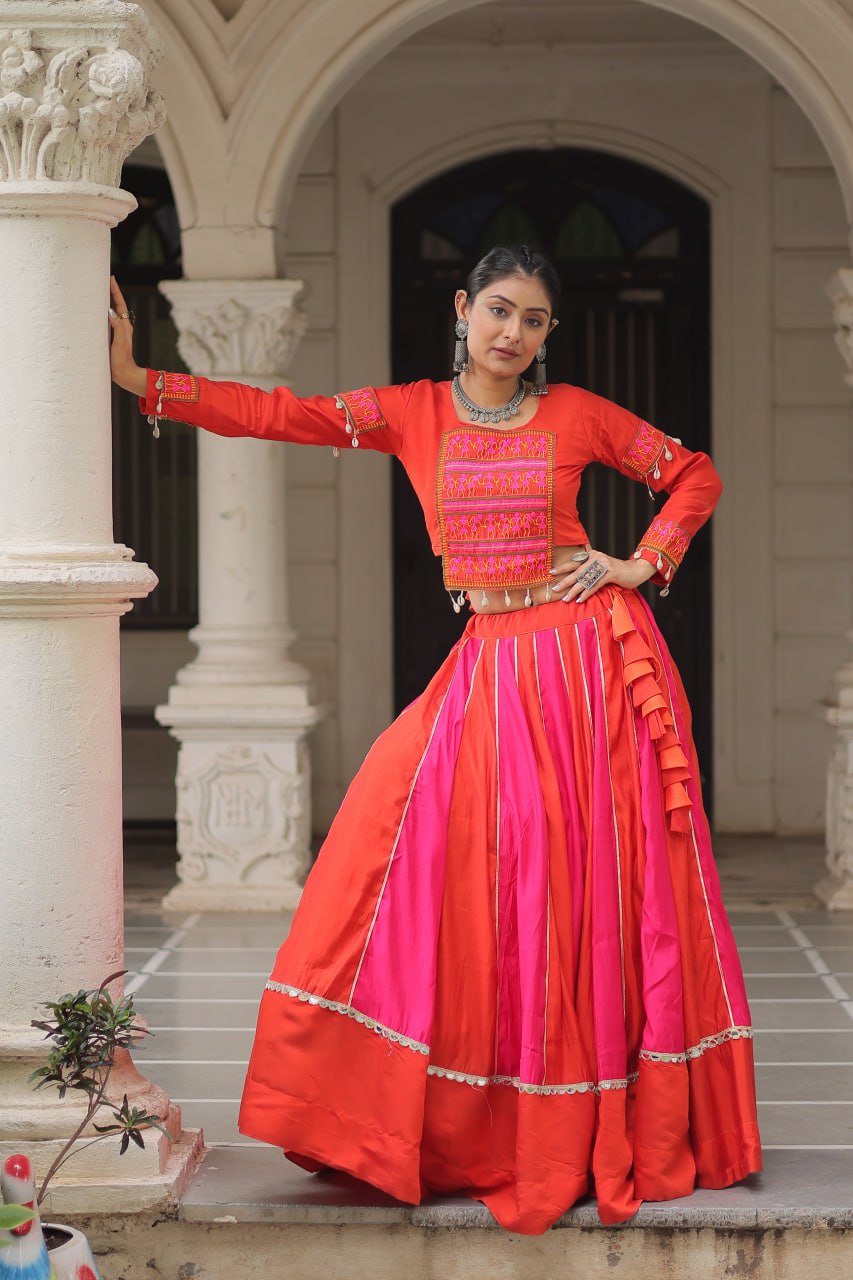 Orange Attractive Combination Of Mirror Lace Embellished Work Navratri Lehenga Choli