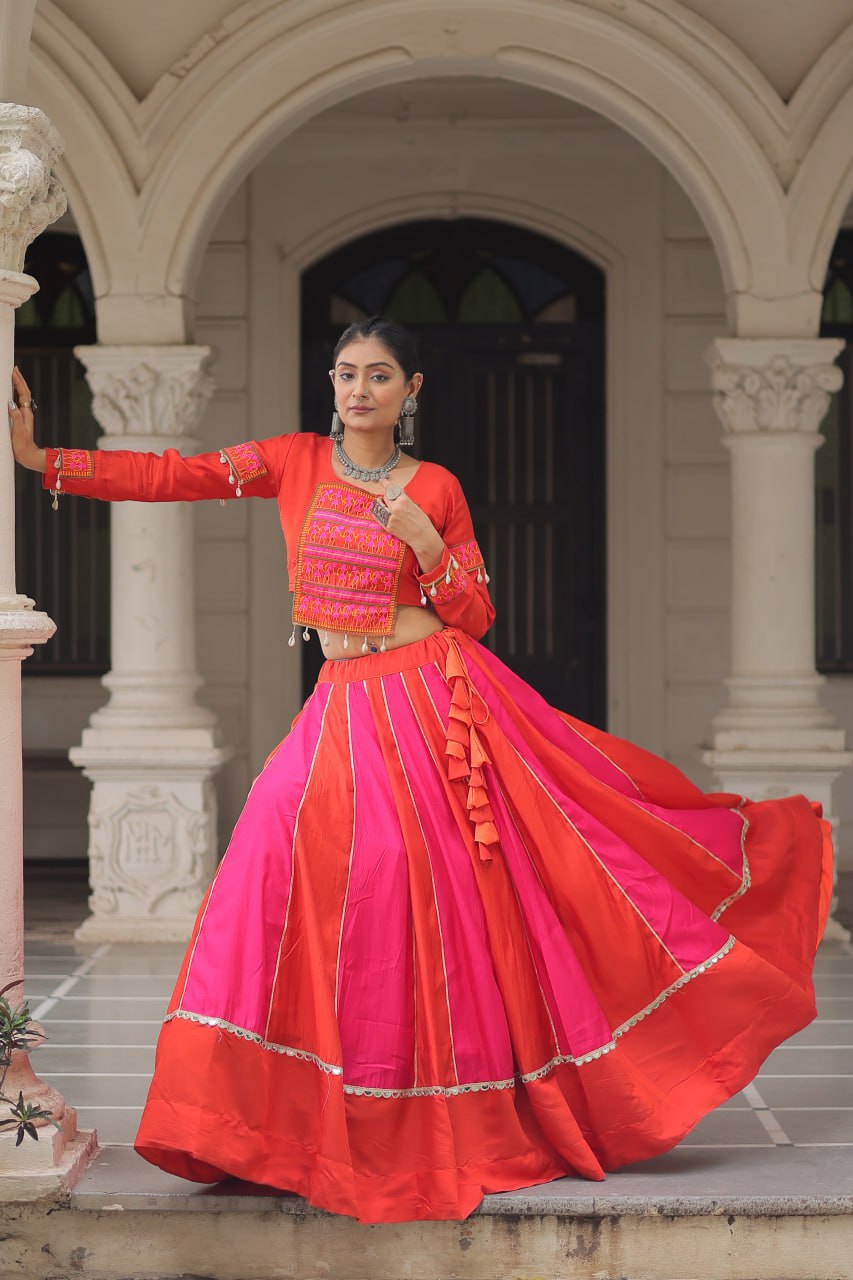 Orange Attractive Combination Of Mirror Lace Embellished Work Navratri Lehenga Choli