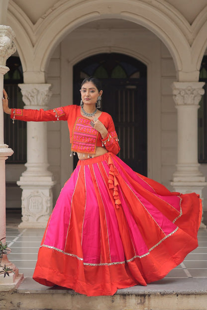 Orange Attractive Combination Of Mirror Lace Embellished Work Navratri Lehenga Choli